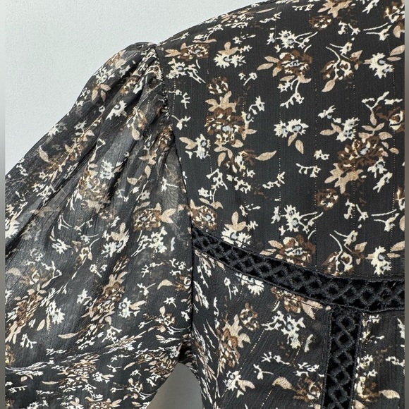 Aqua Ditsy Floral Black Dress Ruffle High Neck Embroidery Small Whimsigoth Boho - Picture 11 of 16